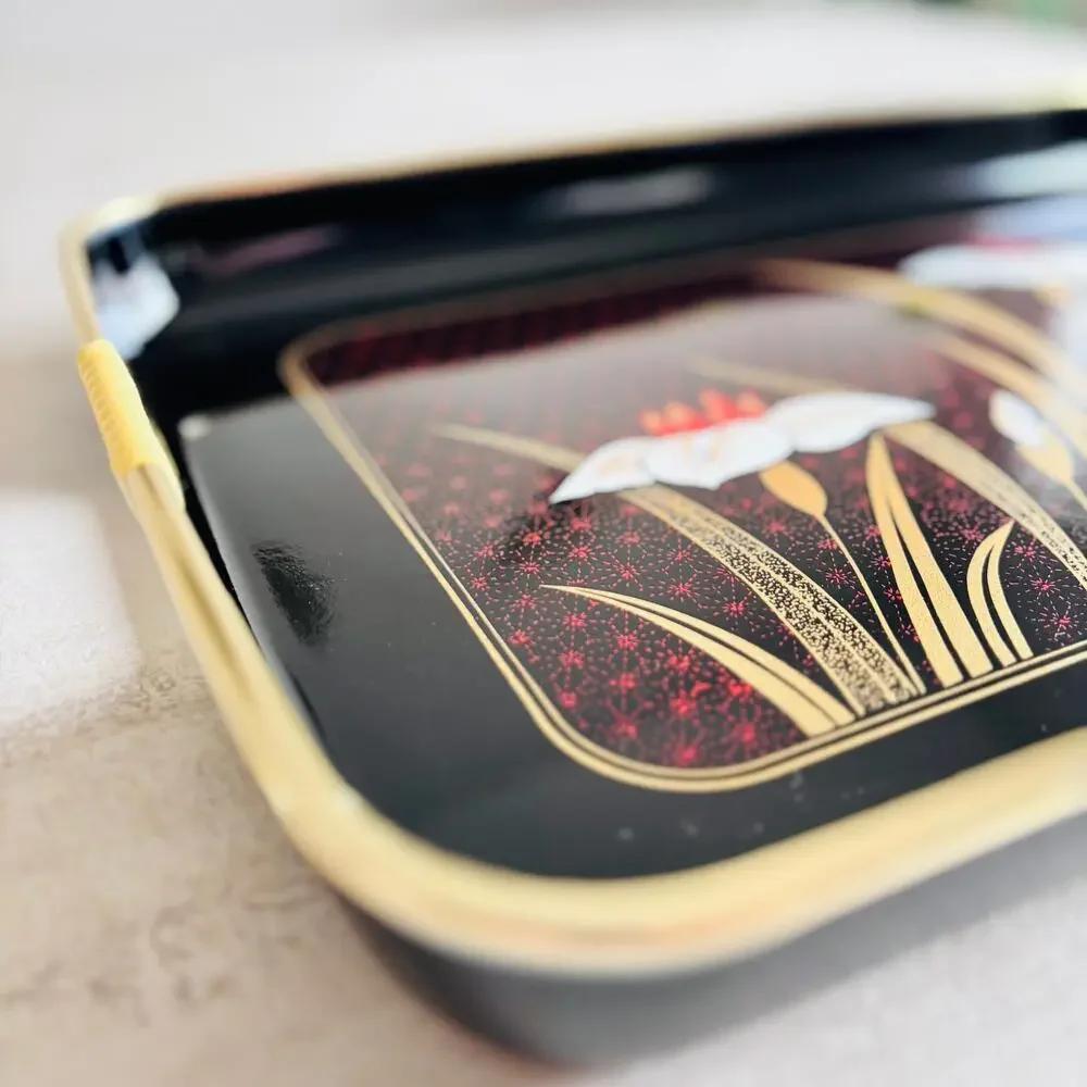 Otagiri Golden Mist Lacquer Service Tray Japan Black Gold Iris 18